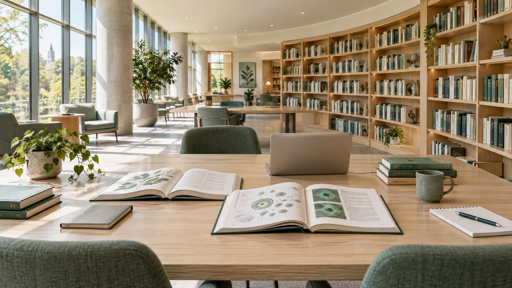 A sunlit academic research library with scientific reference books