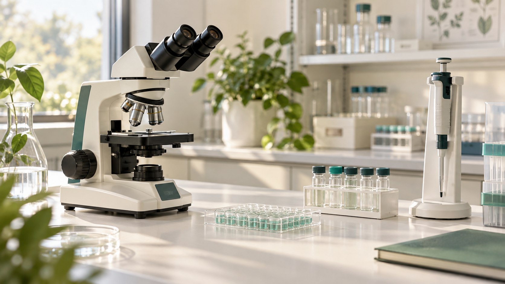 Illustrative nutrition research setting with a microscope and laboratory equipment