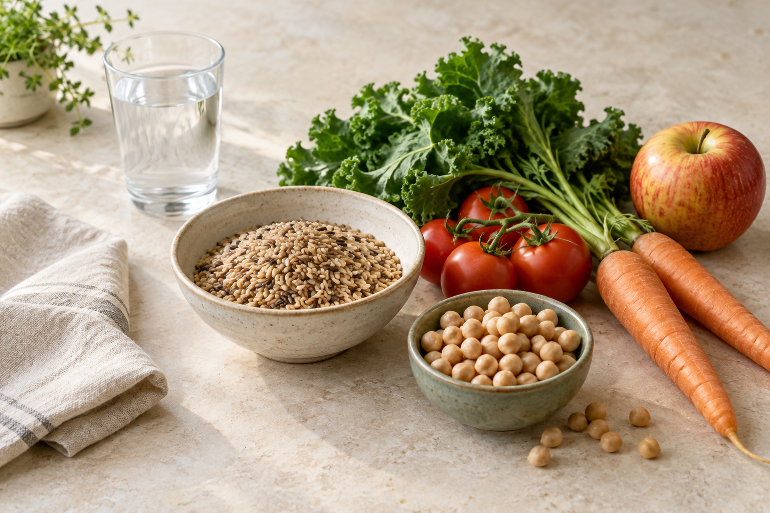 Everyday food illustration with grains, chickpeas, vegetables, fruit and water